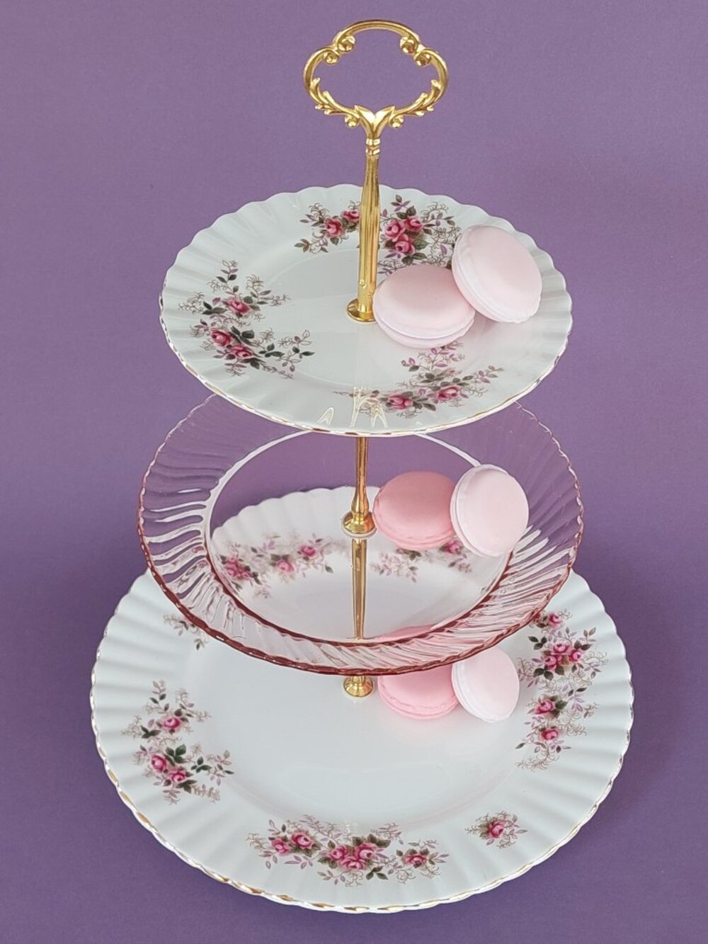 Royal Albert Lavender Rose 3-Tier Serving Stand Pink Glass Afternoon Tea Tray